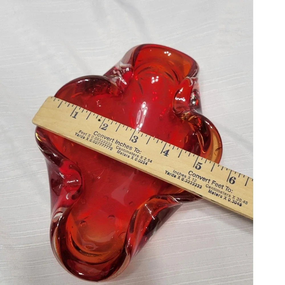 Vintage Murano Style Red Amber Art Glass Controlled Bubble Bowl Ashtray MCM